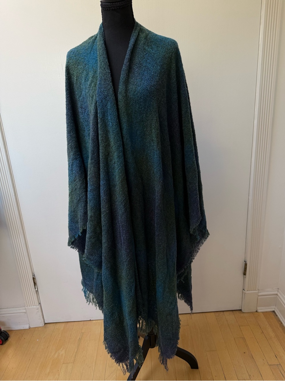 Kerry Mills Teal Check Fringed Lambswool Celtic Ruana Wrap